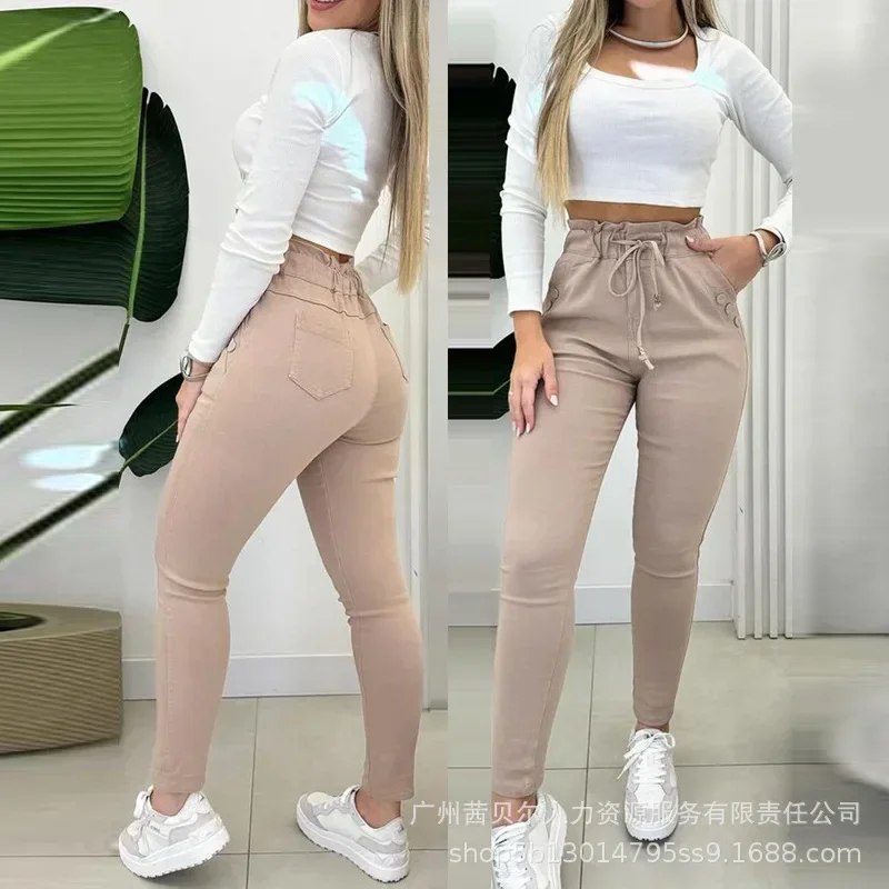 

Women Pencil Pants Solid Midi Waist Drawstring Pocket Slim Fit Long Pant Casual Spliced Elegant Lady Autumn Winter 2024