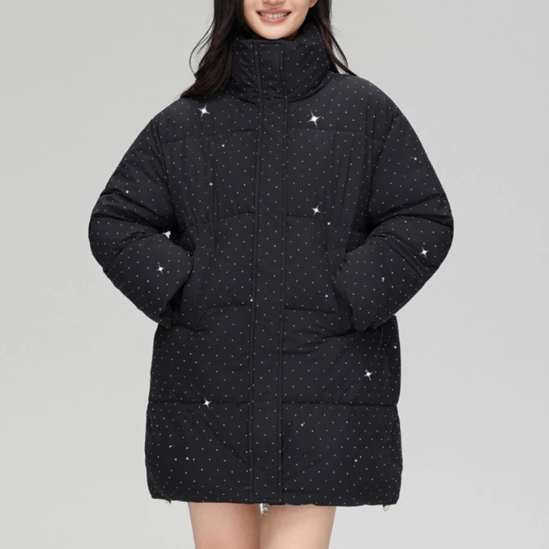 Shimmering Star Pattern Stand Collar Zip Up Mid Long Loose Warm Padded Cotton Coat Casual Daily Classic Trendy Padded Coat 2026