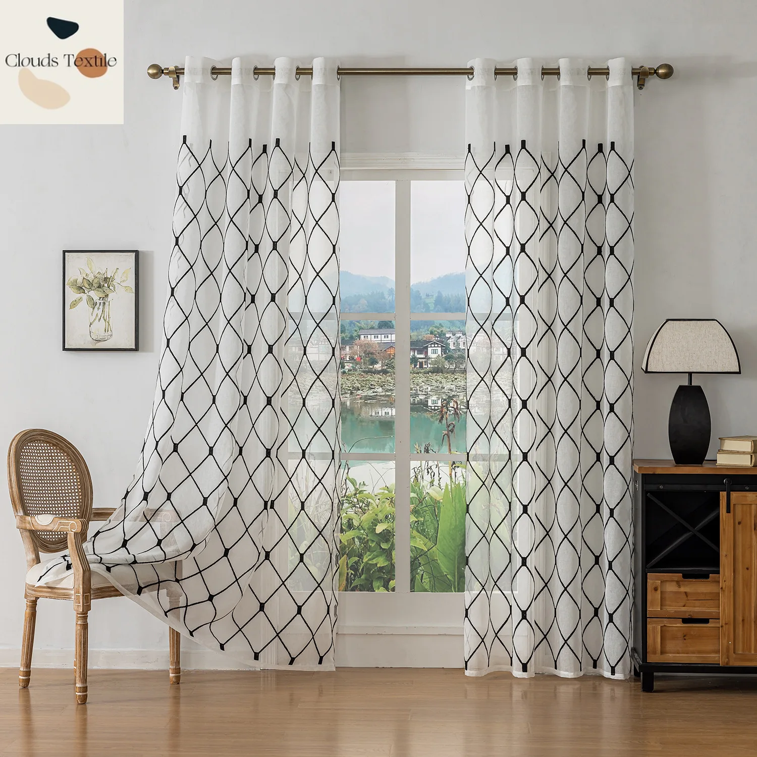 Black Embroidered Rhombus Geometric Custom Size Fashion Customized  Curtains for Living Dining Room Bedroom Luxury Sheer