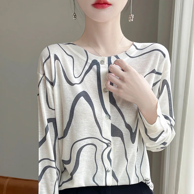 Spring And Summer New Lyocell Water-Soluble Wool Blended Round Neck Knit Cardigan Long Sleeve Feminine Sweater Printed Top