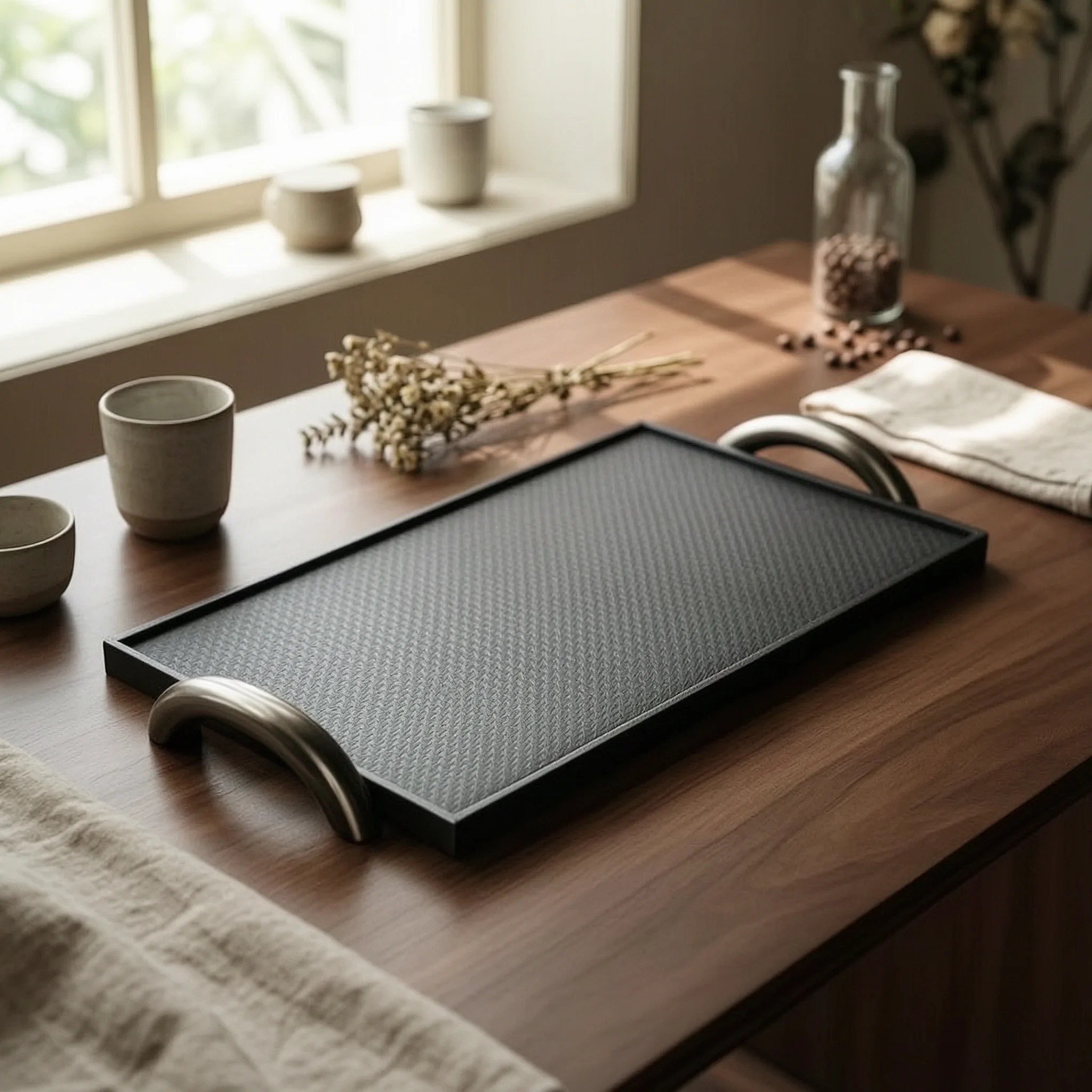 Leather Tray with Handles Low-Profile Rectangular Tray with Metal Handles Modern Stylish for Interior Designers, Coffee Table