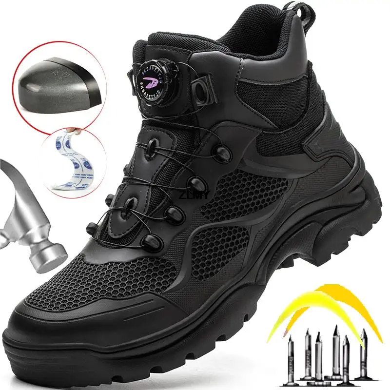 

Construction Work Boots Men Steel Toe Safety Shoes Rotated Button Anti-smash Puncture Proof Sneakers Man High Top Security Boot