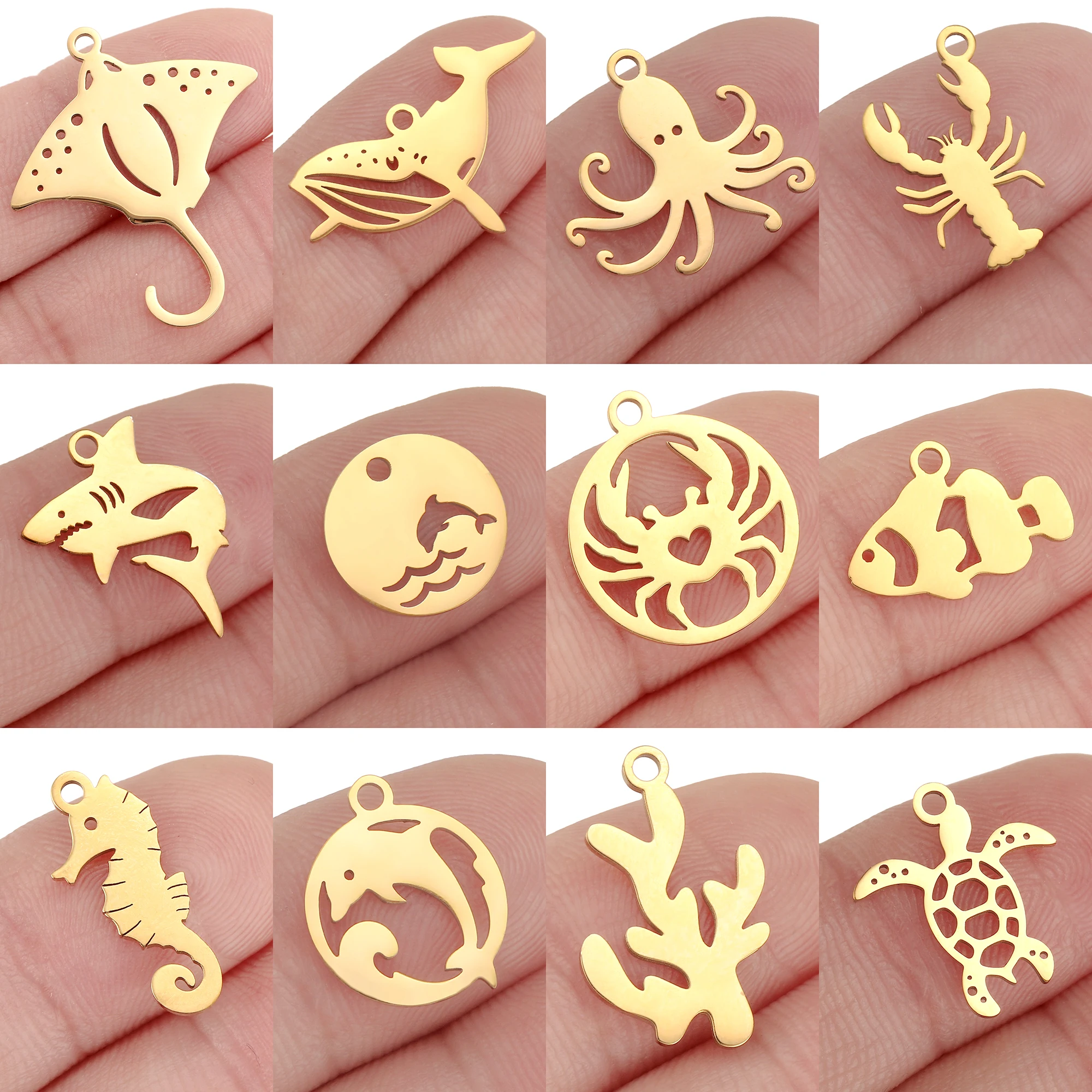 5 Piezas de Dijes de Animales Marinos de Acero Inoxidable (Pez, Tiburón, Delfín) para Fabricación de Joyas, Accesorios para Collares y Pendientes DIY