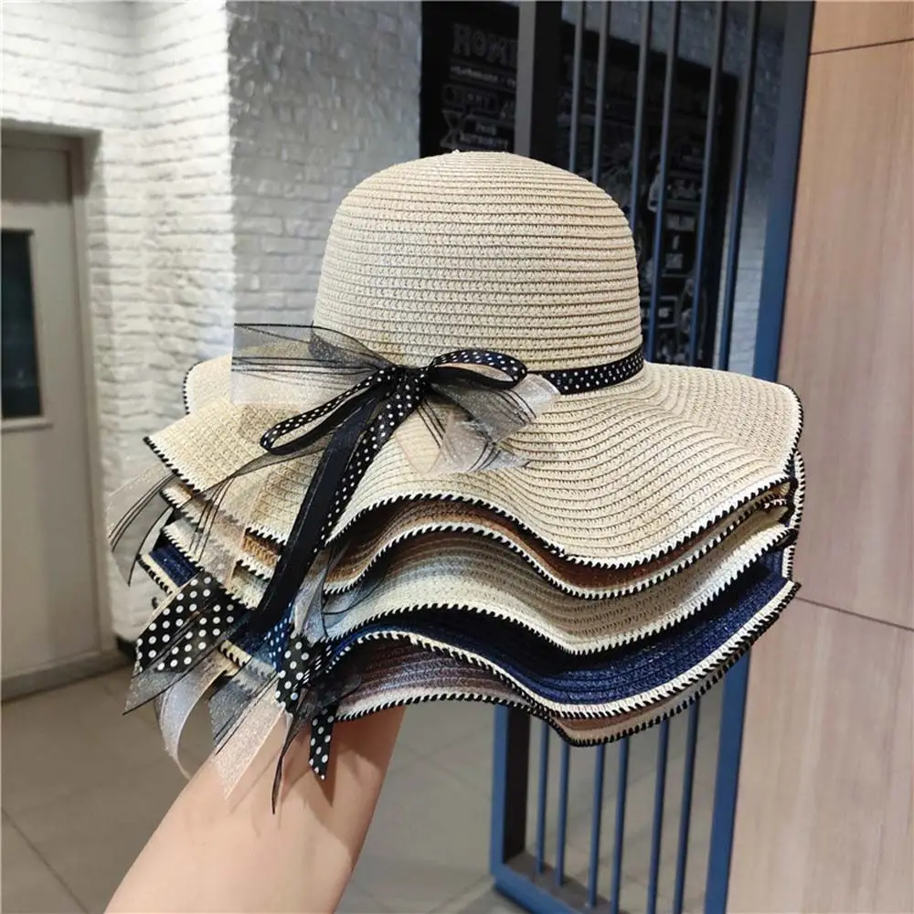 

Holiday Foldable Crochet Beach Cap Ribbon Sun Visor Big Brim Bowknot Cap Straw Hat Sun Hat