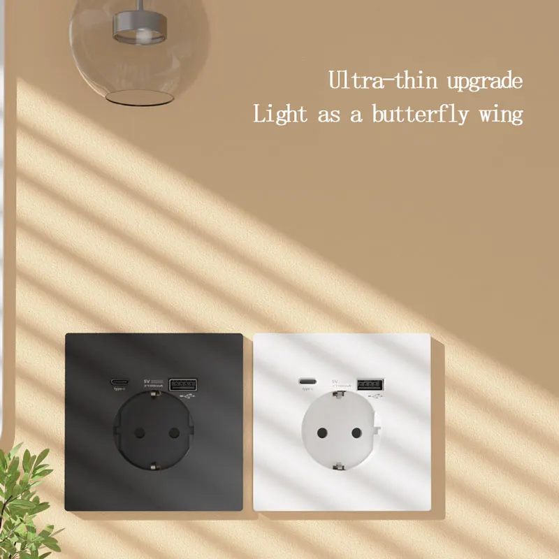 PC Tempered Glass Wall EU Socket 86 Type Concealed Ultra-Thin Flat German Socket USB type-c 5v 2.1A Power Fast Charging Socket