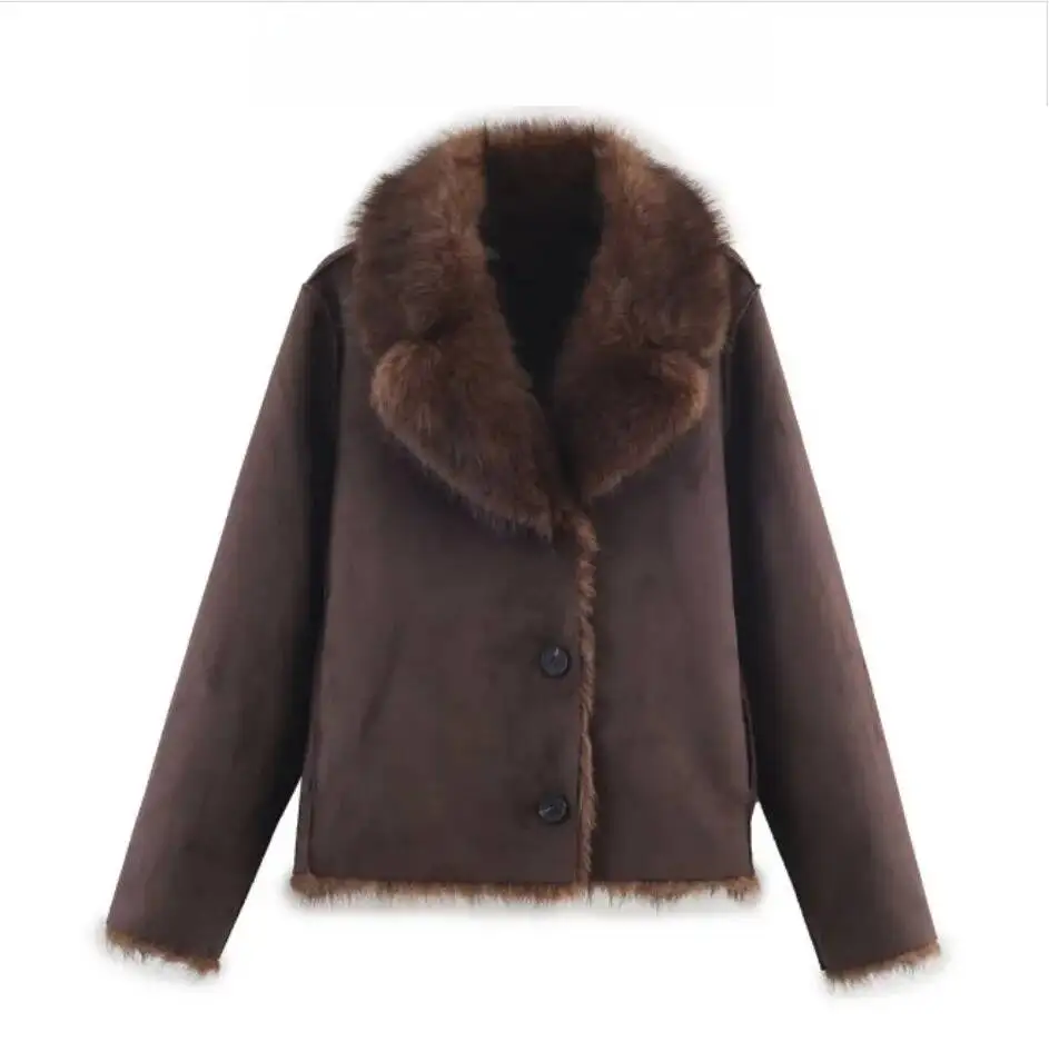 Double-Sided Artificial Fur Effect Jacket Women's Fashion Winter New Arrival Street Style V-Neck Long Sleeve Coat