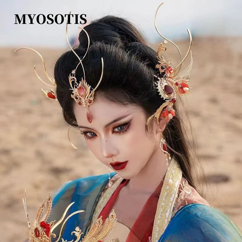 Handmade Ancient Style Flame-Shaped Hair Accessories Forehead Full Set Hanfu Golden Exotic Hairpins Set