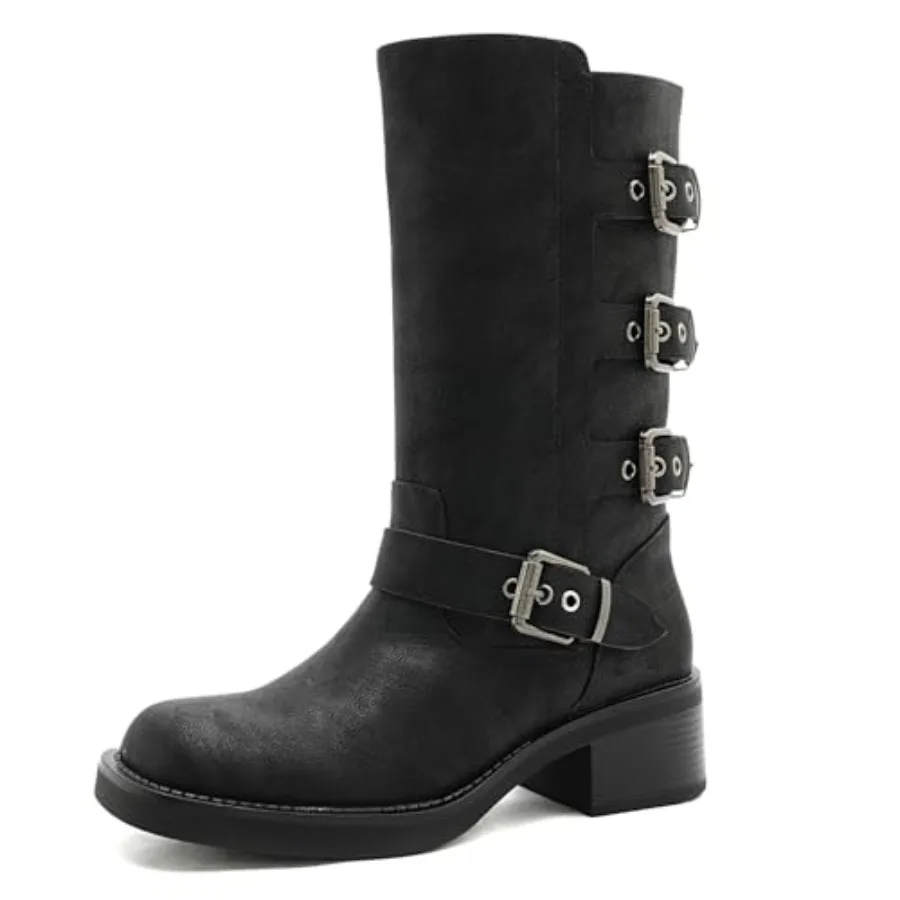 

GLOBALWIN Chunky Mid Calf Fashion Dressy Motocycle Biker Military Style Combat Boots for Women Low Heel
