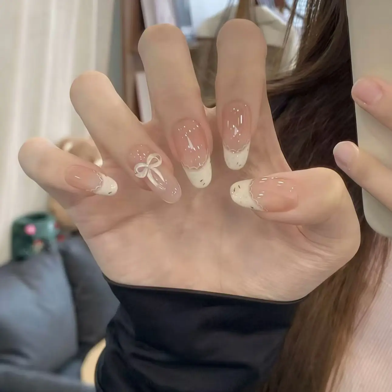 

10pcsHandmade Oval Press On Nails Cream Floral Print Lace French 3D Bow Design Sweet Cute Fake Nails Wearable Nails Art Tip Girl