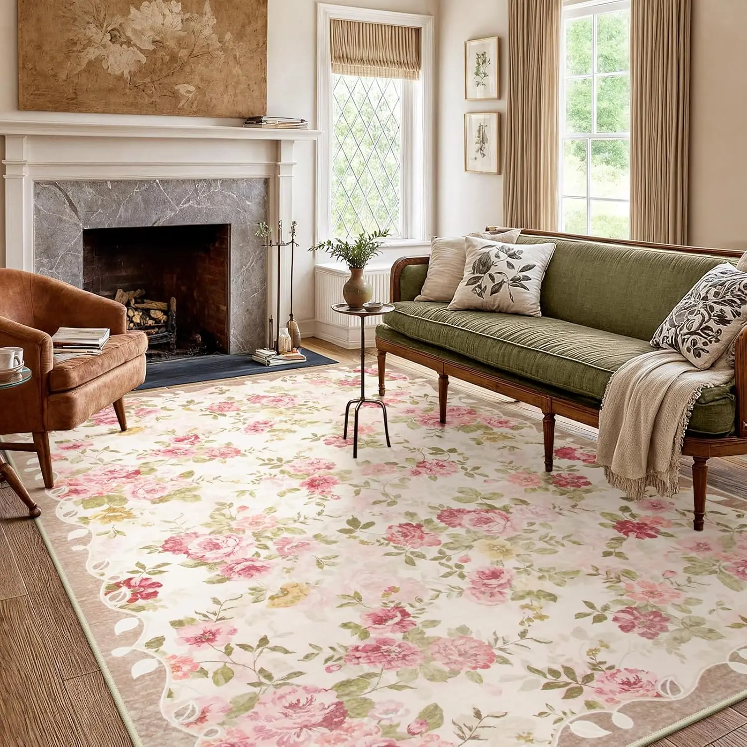 

Floral Washable Rugs 5x7, Non-Slip Low Pile Vintage Area Rug for Living Room, Bedroom, Farmhouse Decor