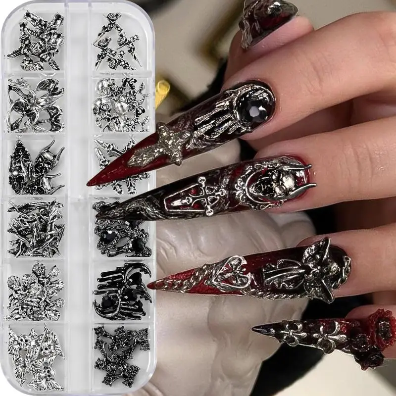 

12Grid Vintage Cross Nail Art Charms Y2k Metal Style Alloy Cross Skeleton Angel Nail Decorations Accessories