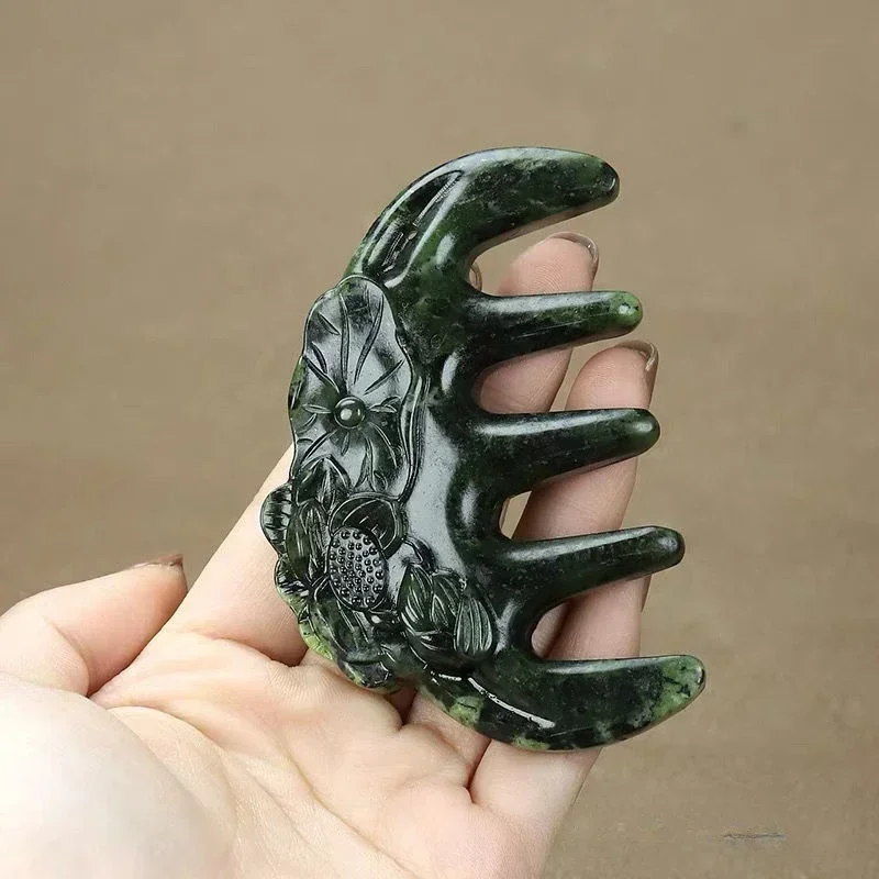 Natural Snake Patterned Jade Comb, Hidden Jade Medicine King, Stone Massage, Five Teeth Thickened Health Jade Comb