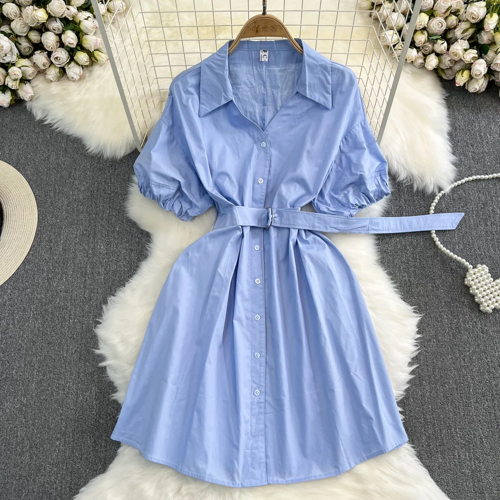 ssTss 夏の女性のシャツドレス無地ポロ襟半袖弾性ウエストシングルブレスト A ラインカジュアル女性ドレス