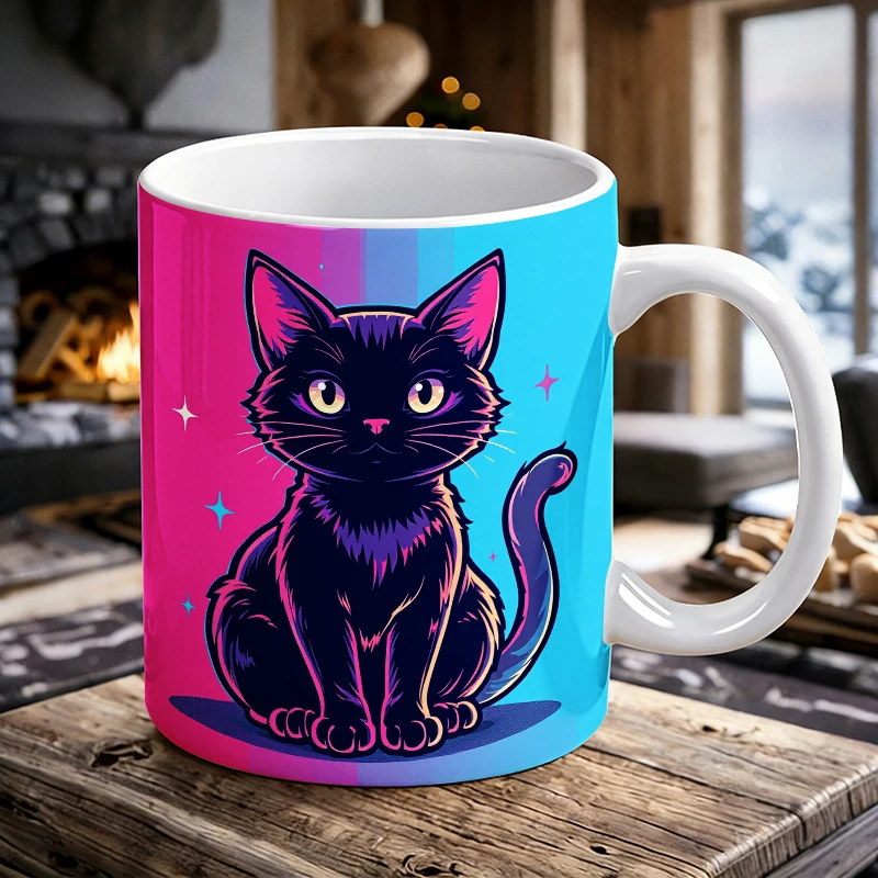 

Neon Cyberpunk Black Cat Mug Vaporwave Cat Lover Coffee Cup Pink Blue Gradient Ceramic Water Cup,Novelty Mug for Animal Lovers