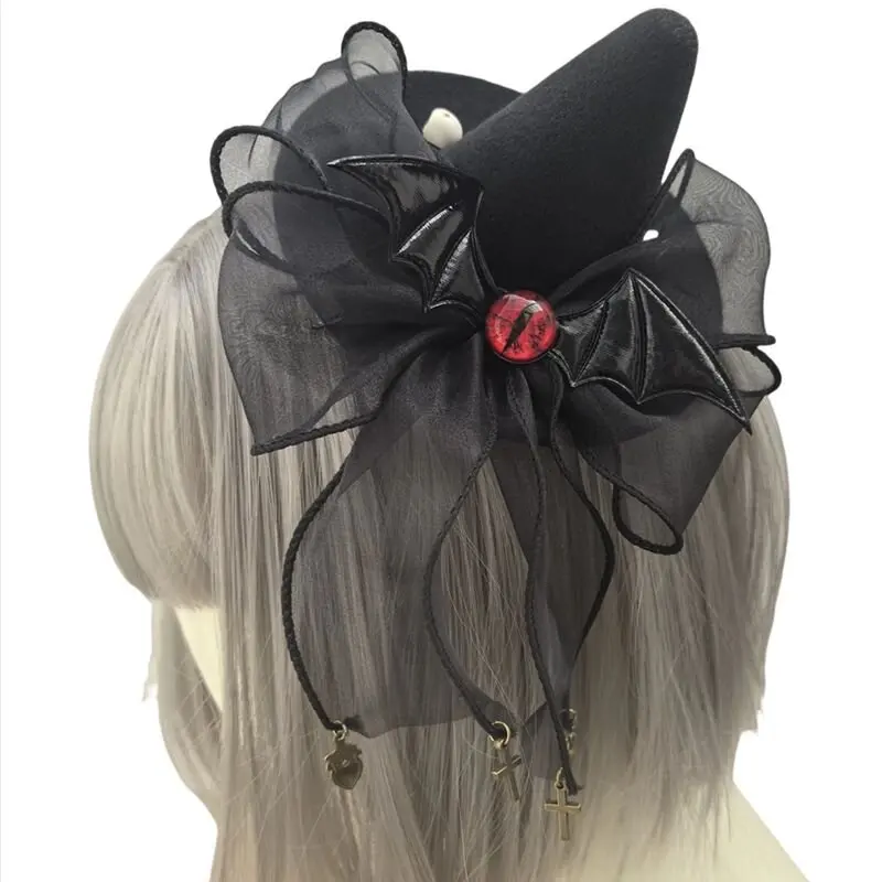 

Лолита, милая летучая мышь в форме банта, темный стиль, привлекательная заколка для волос в стиле панк, маленькая шляпа на Хэллоуин, аксессуар с черепом