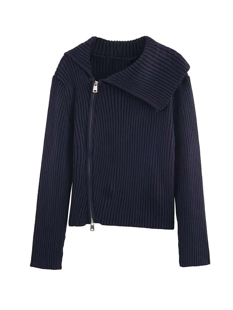 Asymmetric Big Fold Collar Ribbed Knit Cardigan Diagonal Full Zip Long Sleeve Slim Fit Solid Navy Cropped Knit Pullover 260701