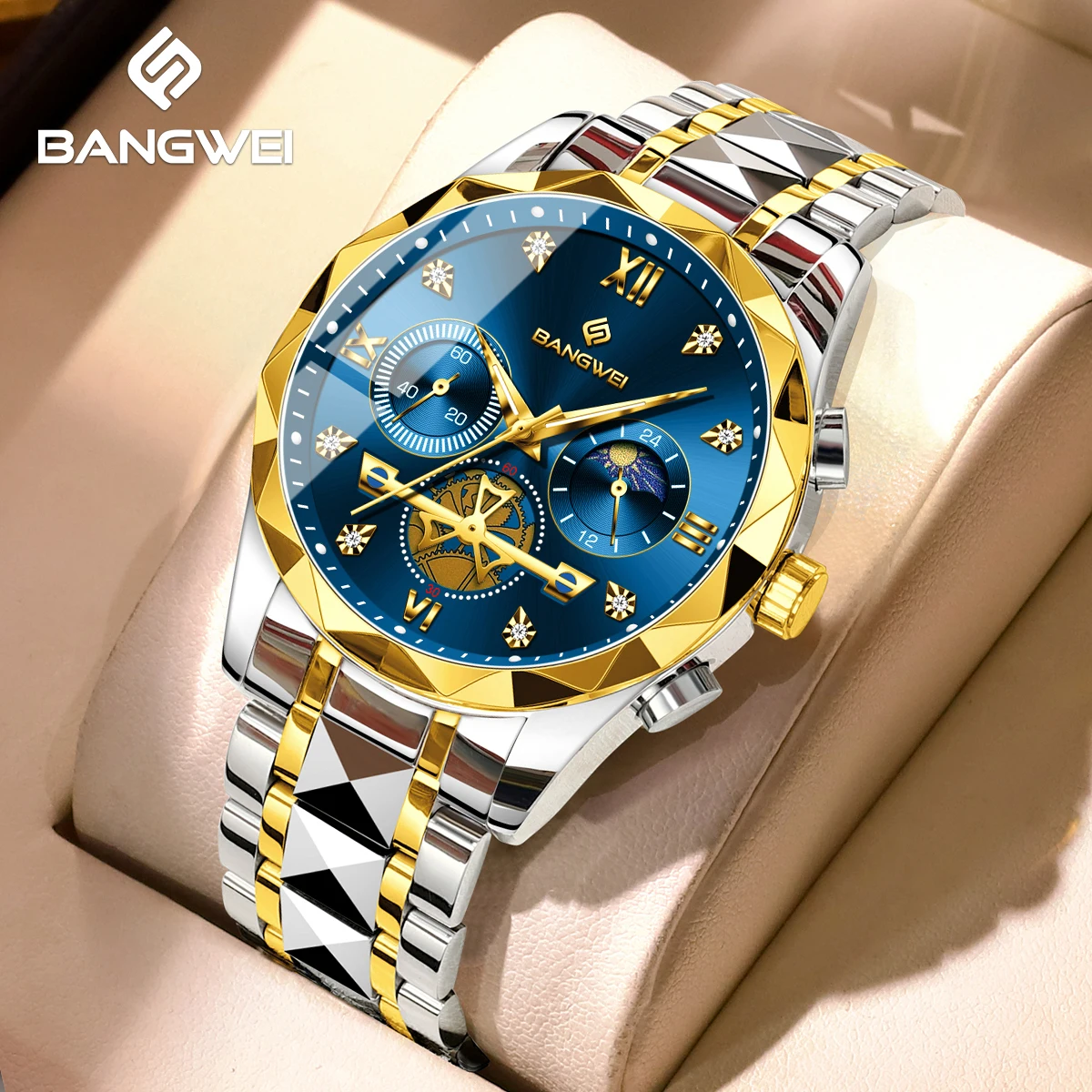 

Bangwei Luxury Men Watch Top Original Waterproof Luminous Chronograph Man Wristwatch Stainless Steel Quartz Men's Watches Reloj