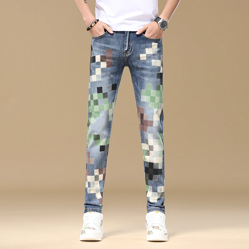 High-end summer jeans men's slim fit skinny street trend Korean style fashionable printed casual denim pants