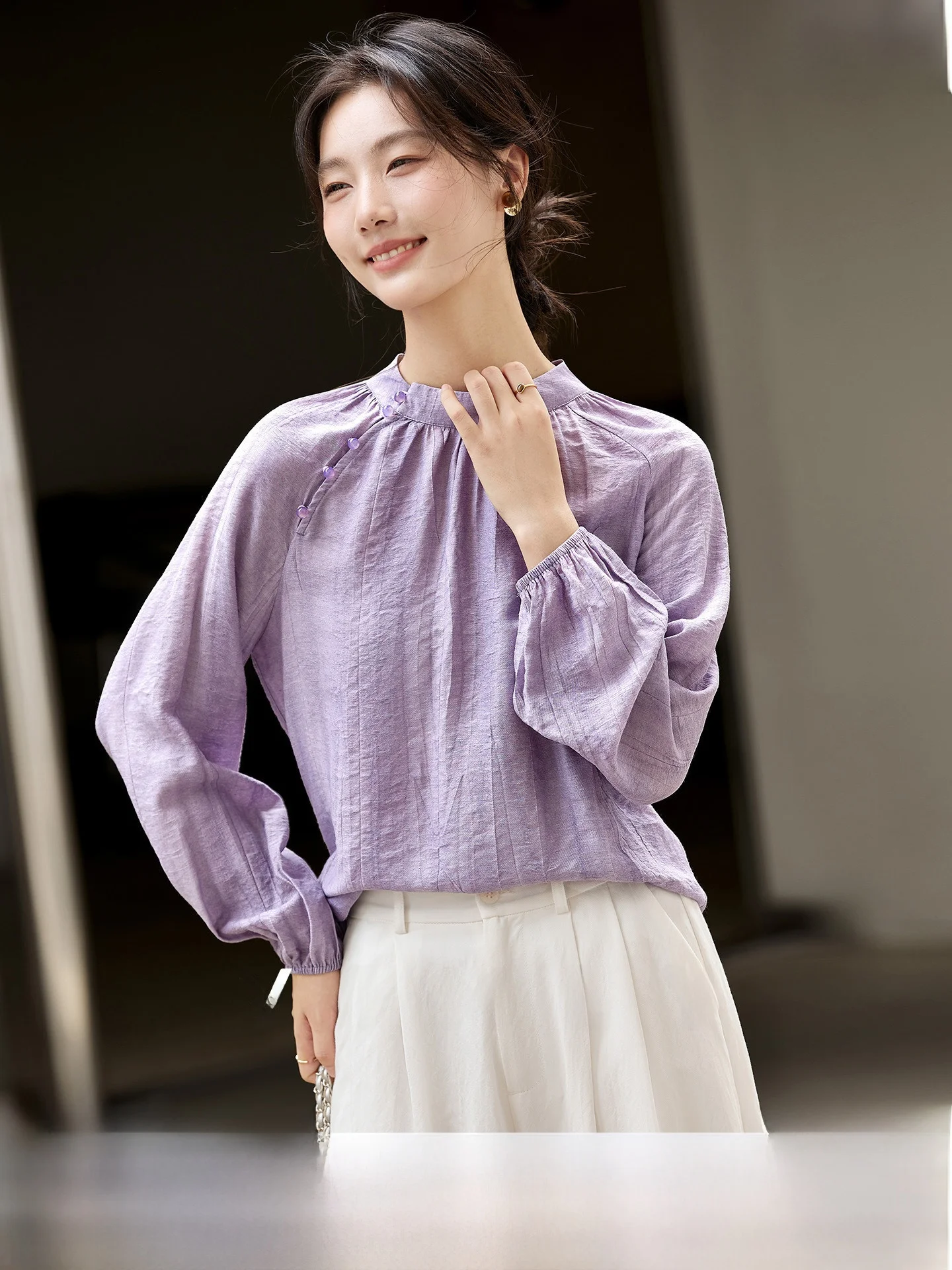 

Женская шифоновая блузка Purple Texture Sensation с воротником-стойкой, защитой от солнца, длинными рукавами, повседневная, модная, стройнящая, с эффектом похудения