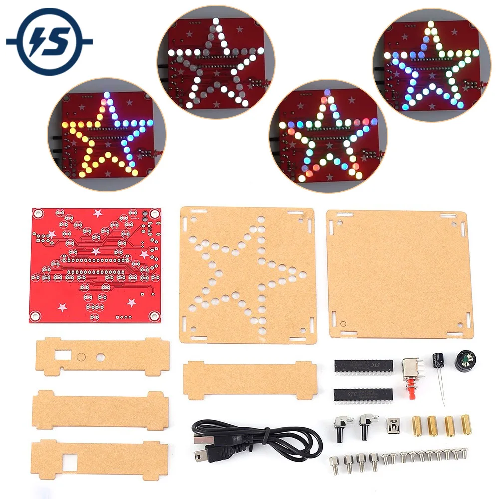 DIY Electronic Kit Pentagram RGB LED Music Flashing Light Five-Pointed Colorful Star Soldering Project Practice Suite MCU Board