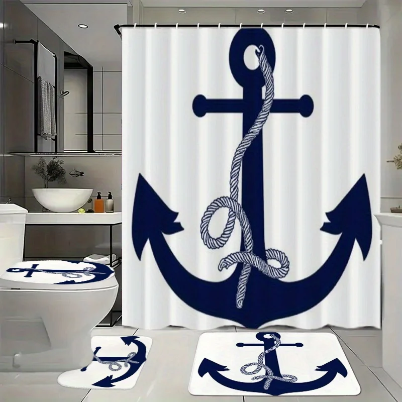 

4pcs Bathroom Set Shower Curtain with 12 Hooks Floor Mat Toilet Contour Mat And Toilet Lid Mat Bathroom Decoration Bathroom Acce