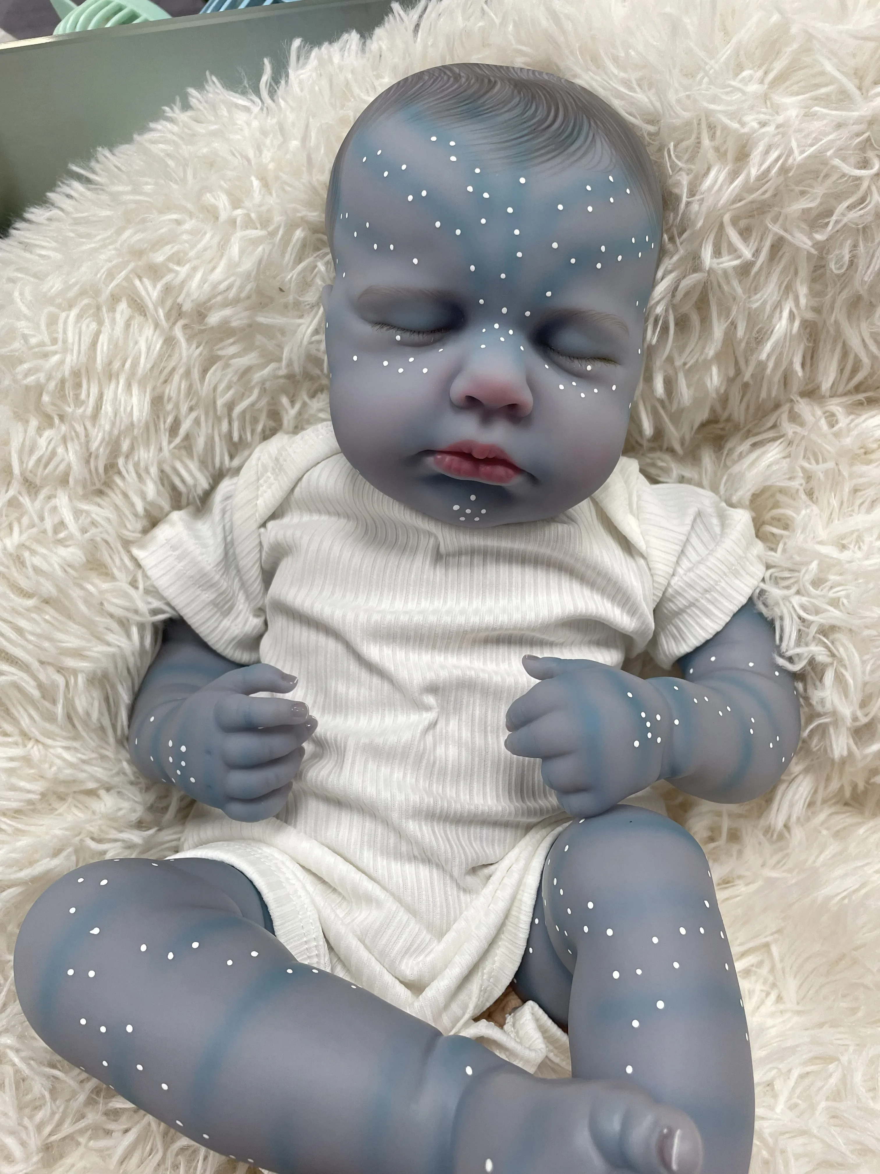 48cm loulou versão de pele azul toque macio pano corpo já terminado pintura realista dormir boneca reborn com desenhar à mão cabelo