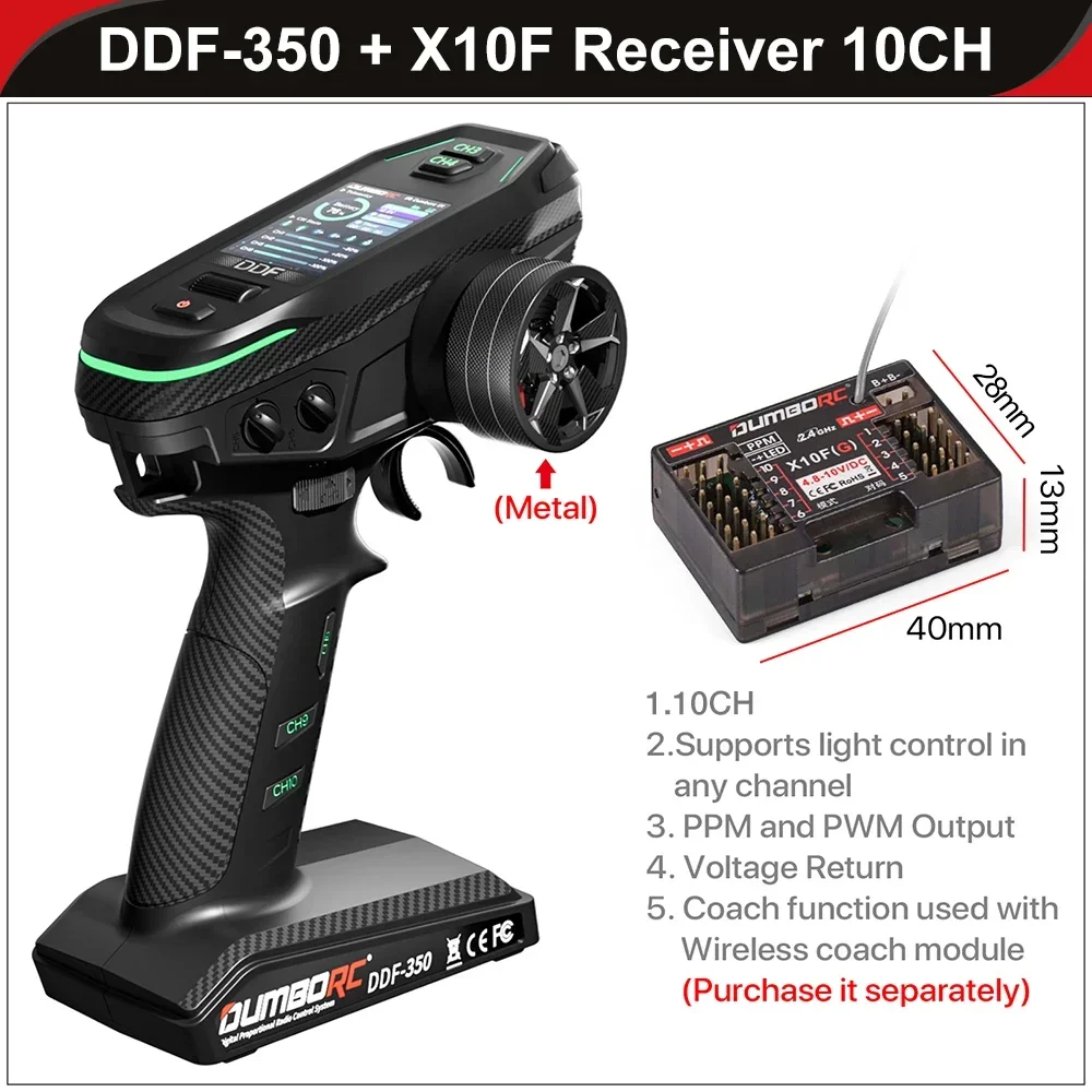 DUMBORC DDF-350 10CH 10Channel Transmitter with Receiver P10F P10FG Gyro Remote Controller for RC Car Boat Tank LCD FHSS System