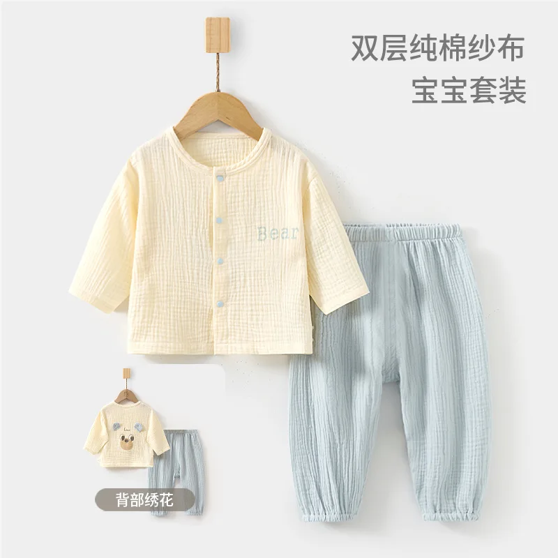 Baby Cotton Pajama Sets Baby Homewear Long Sleeve Double Pure Top Pants Children Summer Air Conditioning Room Clothes Girls