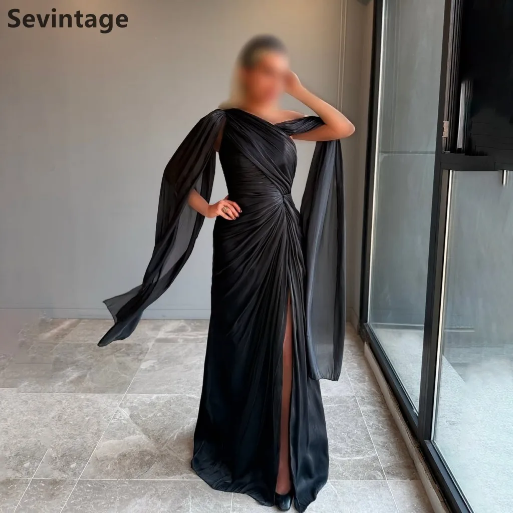 Sevintage 2025 preto sereia um ombro maxi vestido de noite festa de casamento formal vestido de baile dubai vestido de festa personalizado