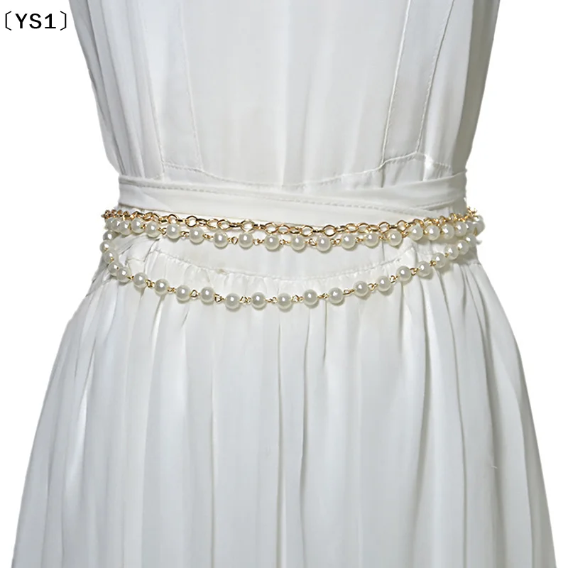 〔YS1〕Women Imitation Pearl Belts Alloy Chain Belts White Imitation Pearl Chain Women Clothing Accessories