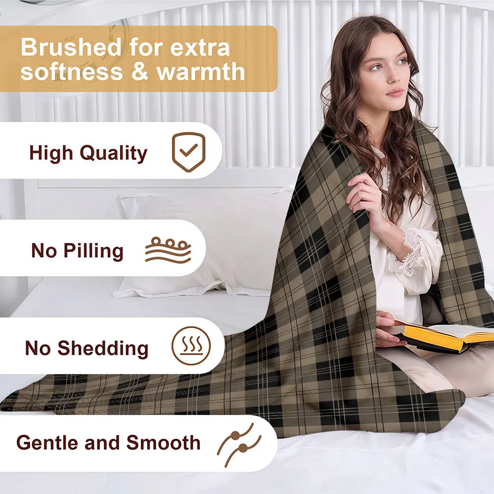 Dark Brown Plaid Soft Warm Flannel Blanket Lightweight Cozy Christmas Halloween Home Decor Room