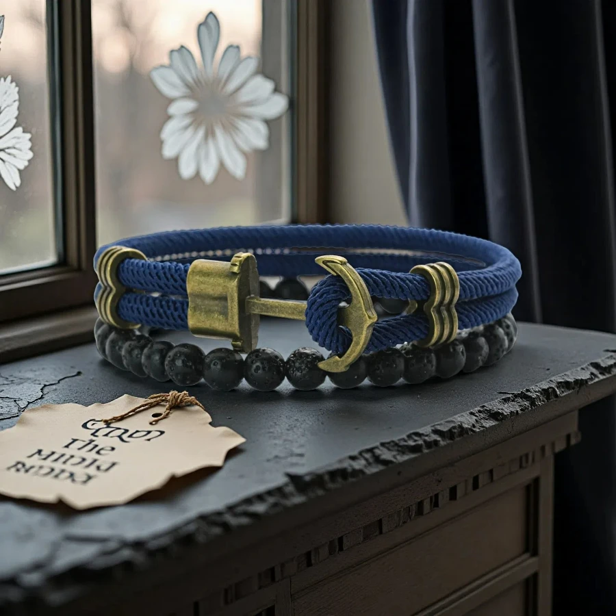 

Retro 2Pcs/Set Men Anchor Bracelet 6mm Natural Lava Stone Beaded Braslet 6 Colors Grade A 4mm Ethnic Fabric Braclet Pulseria