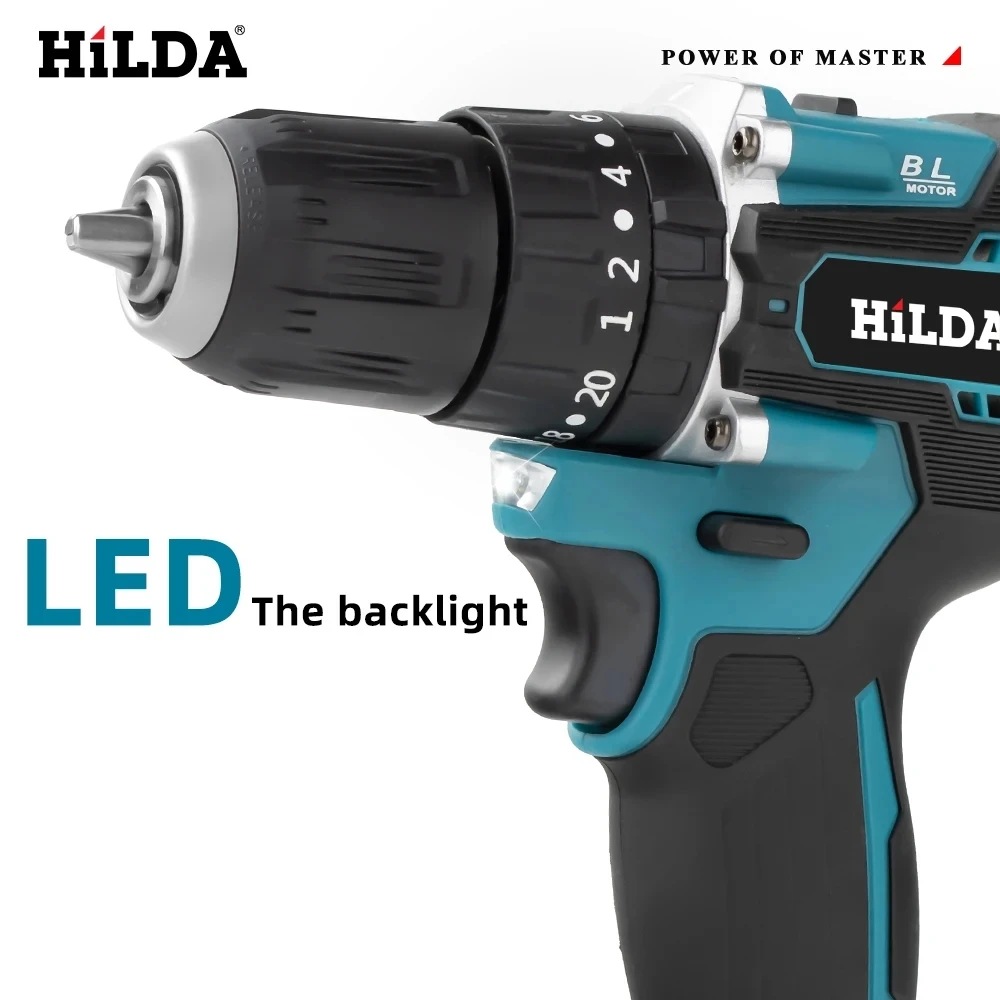 HILDA 21V Multi Functional Electric Impact Drill Cordless Screwdriver Power Tools 20+1 Torque For 21V Makita Lithium Battery