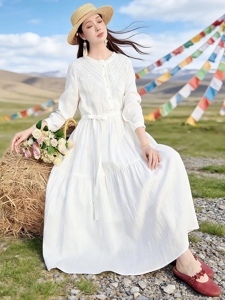 

Элегантное длинное платье с кружевной отделкой и поясом, женское, весенний сезон, из льняной ткани, с круглым вырезом, стандартной длины рукавов