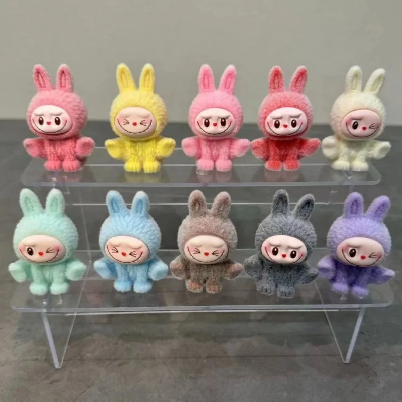 

New Mini Cute Flocking Labubu Doll Macaron Kawaii Anime Figurine Model Desktop Ornaments Handmade Blind Bag Mystery Box Gifts