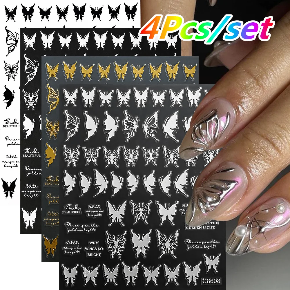 4 Blatt/Set Römischer Buchstabe Nagelaufkleber 3D Laser Gold/Silber/Schwarz/Weiß Buchstaben Nagelaufkleber DIY Altes Alphabet Maniküre Slider NK*4