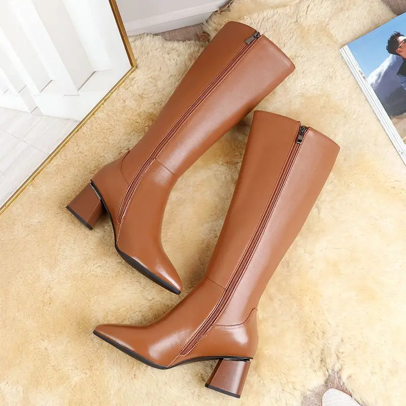 Pointed Toe Long Ladies Boots Winter Knee High Shaft Elegant Heeled Brown Heels Shoes for Women Footwear Gyaru Work Gothic Chic