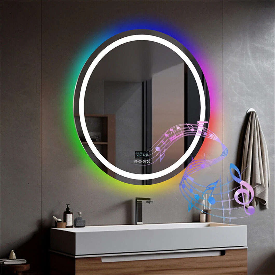 LED Bathroom Mirror Round 800x800mm Wall Hanging Mirror Anti Fog Bluetooth Speaker Brightness Memory Front Light & RGB Backlit