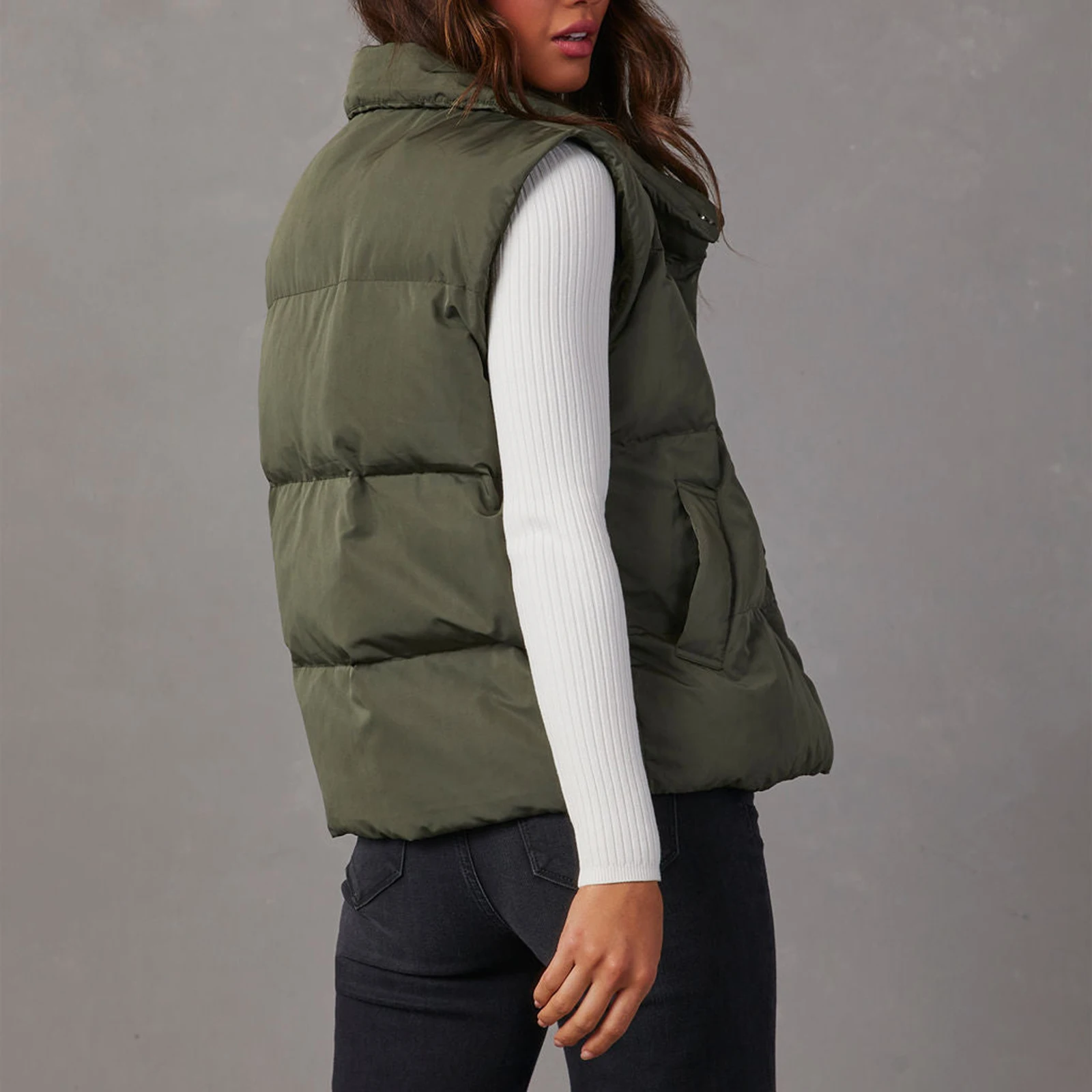 Dames Winter Gewatteerd Vest Casual Mouwloze Rits Opstaande Kraag Effen Kleur Crop Gilet Met Zakken Warme Outwear Winter