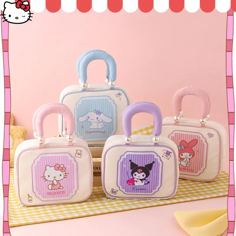 

Портативная косметичка с милым мультяшным рисунком Sanrios My Melody Hello Kittys Cinnamoroll Kuromi, большая вместительная портативная сумка с квадратным жемчугом