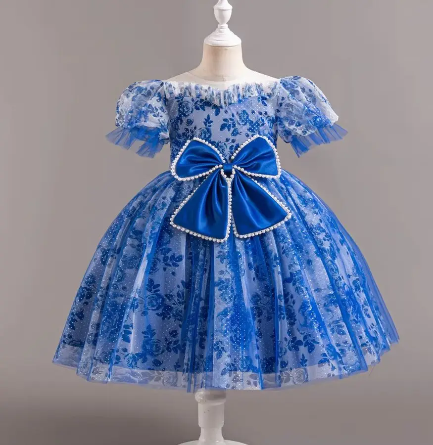 Floral Printed Children Party Dresses Elegant Girl Princess Dresses Kids Frocks Tulle 3-10 Years