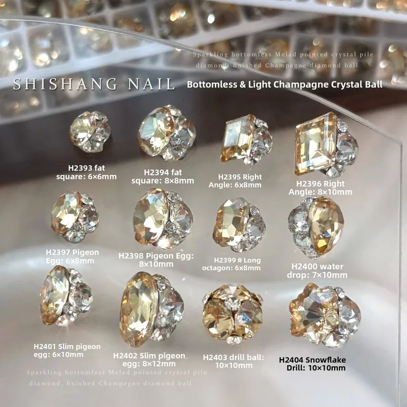 LYLE 5Pcs Light Champagne Finished Rhinestone Clusters No Base Fat Square Snowflake Big Nail Charms DIY Manicure Accessories