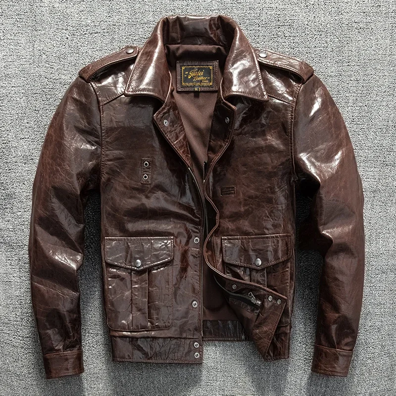 

Top layer goat skin leather jacket, men's California Mounted Police flight suit, leather jacket, short slim fit jacket, trendy