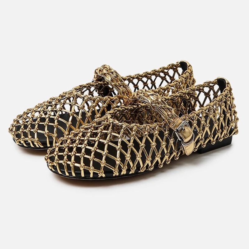 高級中空ゴールド織バレエフラット女性のファッションラウンドトゥバックルブランドデザイナーの靴快適な浅いメリージェーンの靴
