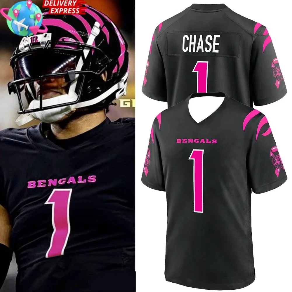 2025 hombres Bengals cáncer de mama Rugby camisa de manga corta Jersey jóvenes niños transpirable de secado rápido fútbol Unisex uniforme de Chase
