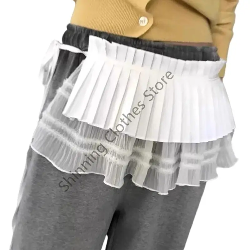 M68A طبقة مزدوجة الدانتيل مطوي تنورة الورك تنورة الخصر للنساء المراهقات الزي اليومي