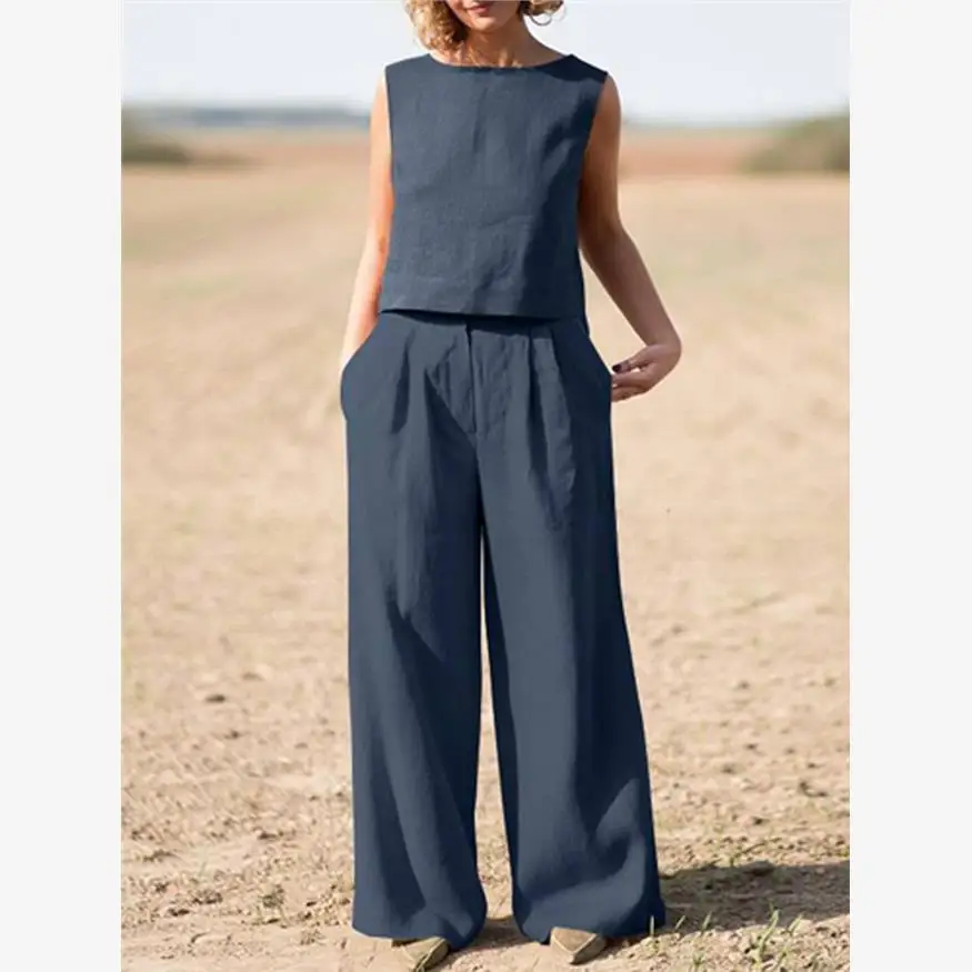 Street Style Cotton Linen Sleeveless Women's Two-Piece Set Straight Leg Pants Fashionable And Stylish Summer Casual Wear