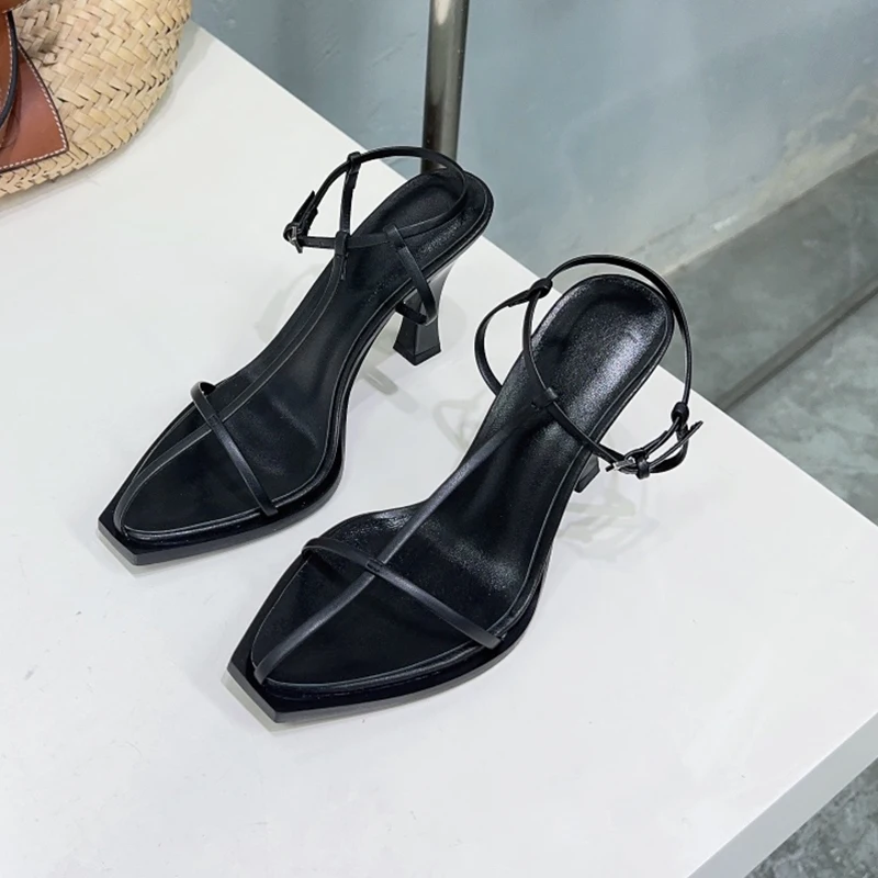 High Top Quality Ladies Narrow Band Summer Sandal Shoe Squared Toe Black White Real Leather High Heel Elegant Dress Sapatos