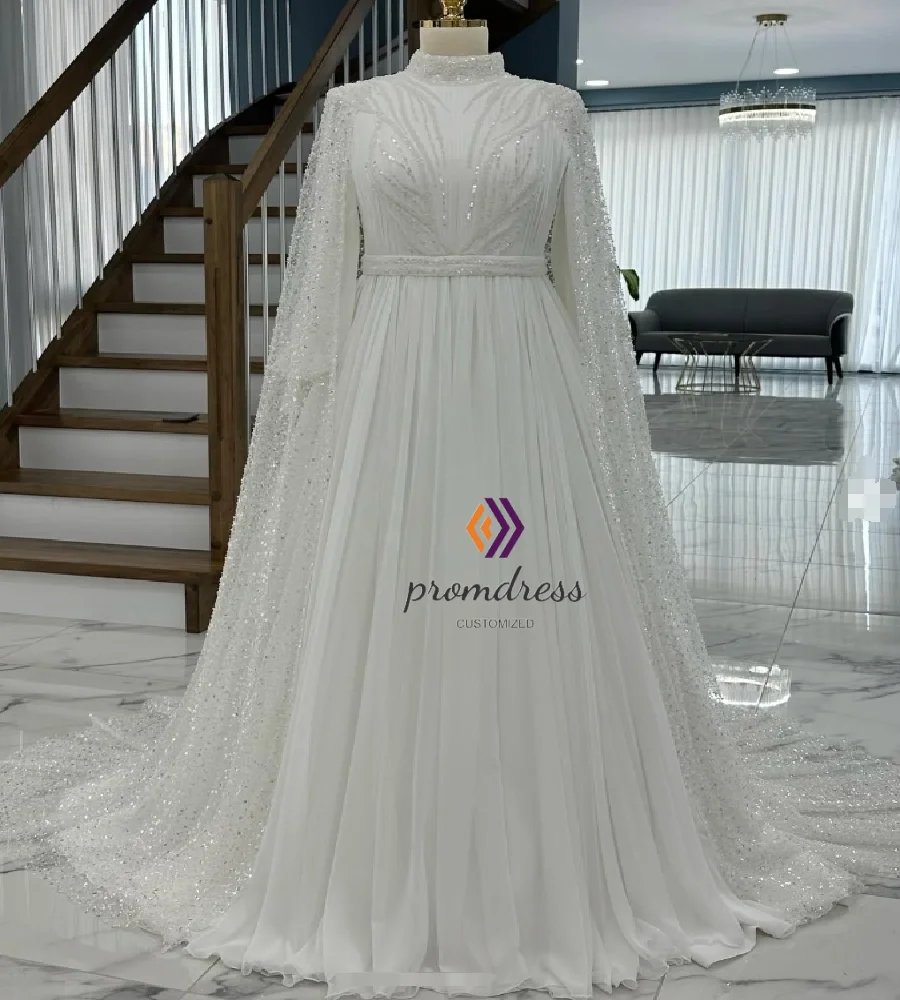 Vestido de casamento muçulmano com lantejoulas e glitter, elegante, manga longa, turco, árabe, plus size, vestidos de noiva gregos