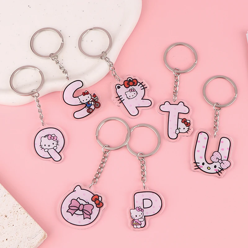 

A To Z Hello Kitty Initial Letter Keychain Sanrio KT Cat Pink Bag Phone Pendant Car Keyring Jewelry Gifts